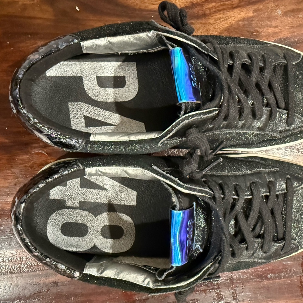 P448 Black Glitter Low-Top Sneakers with Iridescent Blue Tongue - Picture 3 of 5